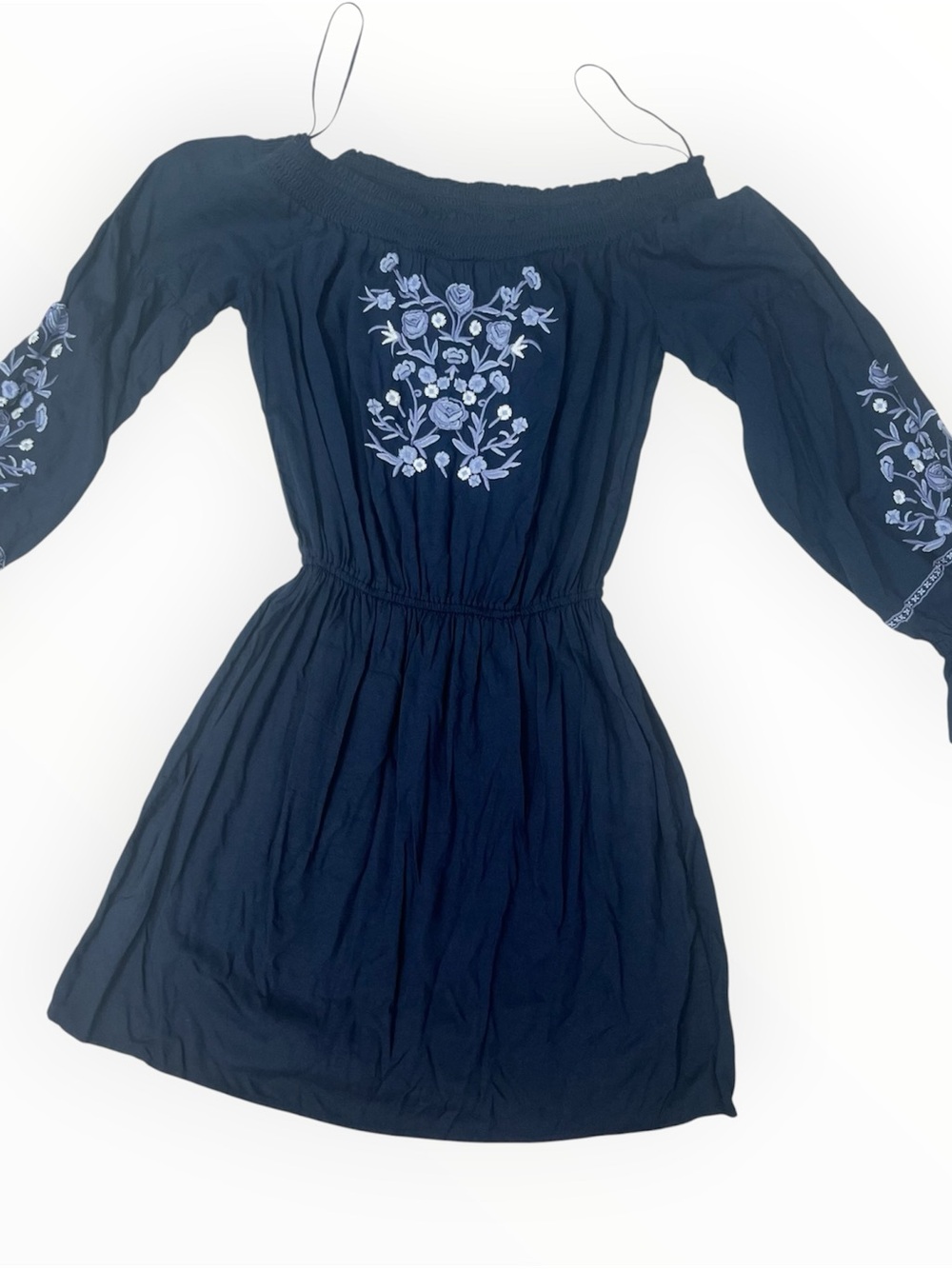 Hollister Navy Embroidered Off Shoulder Boho Mini Dress Medium